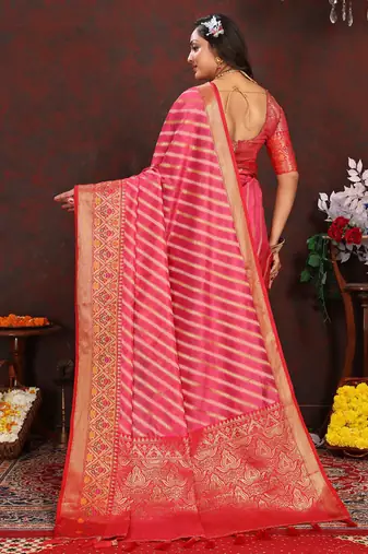 Pink meenakari weaving work organza festival wear saree with blouse piece