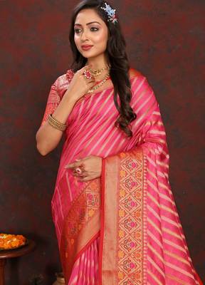 Pink meenakari weaving work organza festival wear saree with blouse piece 3