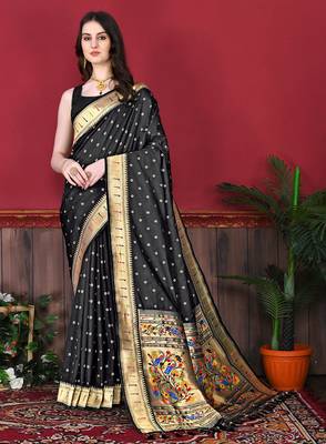 Black zari weaving paithani silk blend festival saree with blouse 1