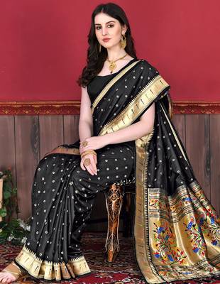 Black zari weaving paithani silk blend festival saree with blouse 2