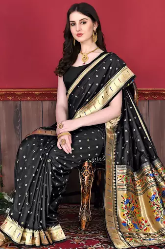 Black zari weaving paithani silk blend festival saree with blouse