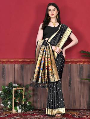 Black zari weaving paithani silk blend festival saree with blouse 3