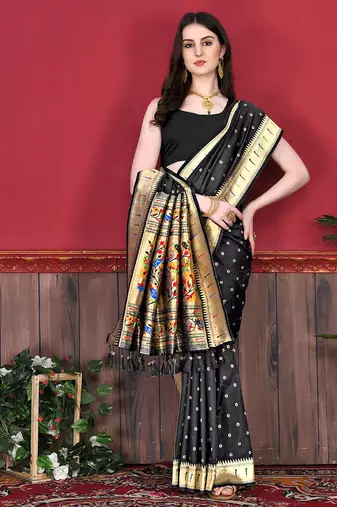 Black zari weaving paithani silk blend festival saree with blouse