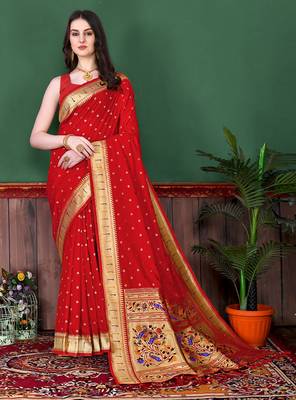 Maroon zari weaving paithani silk blend festival saree with blouse 1