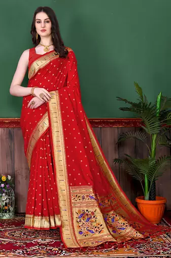 Maroon zari weaving paithani silk blend festival saree with blouse