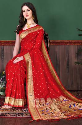 Maroon zari weaving paithani silk blend festival saree with blouse 2