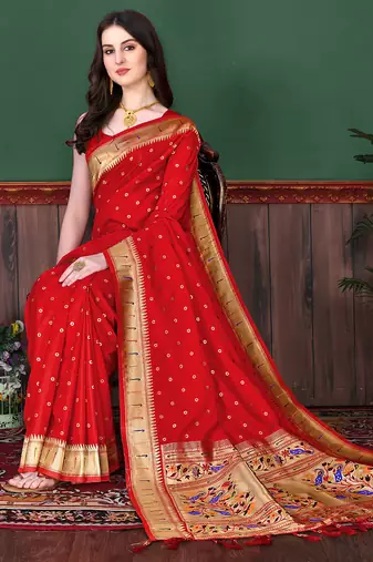 Maroon zari weaving paithani silk blend festival saree with blouse
