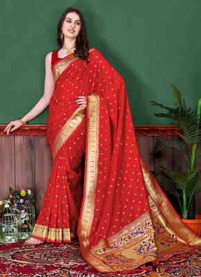 Maroon zari weaving paithani silk blend festival saree with blouse 3