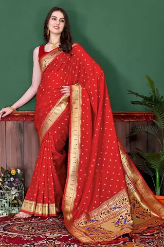 Maroon zari weaving paithani silk blend festival saree with blouse