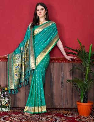 Aqua zari weaving paithani silk blend festival saree with blouse 1