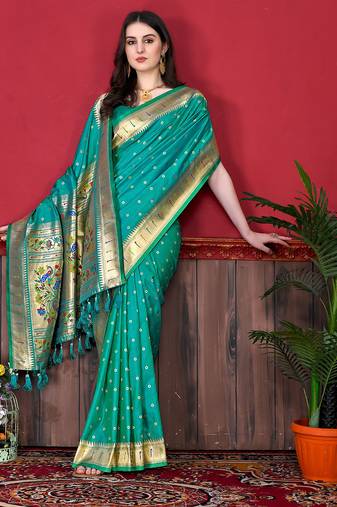 Aqua zari weaving paithani silk blend festival saree with blouse