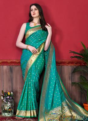 Aqua zari weaving paithani silk blend festival saree with blouse 2