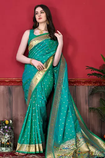 Aqua zari weaving paithani silk blend festival saree with blouse
