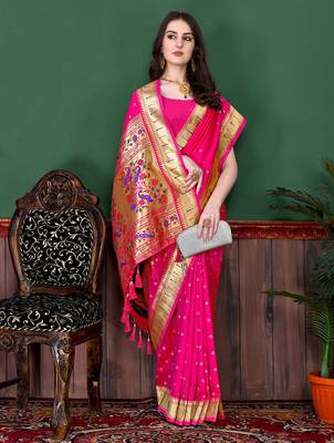 Pink zari weaving paithani silk blend festival saree with blouse 1