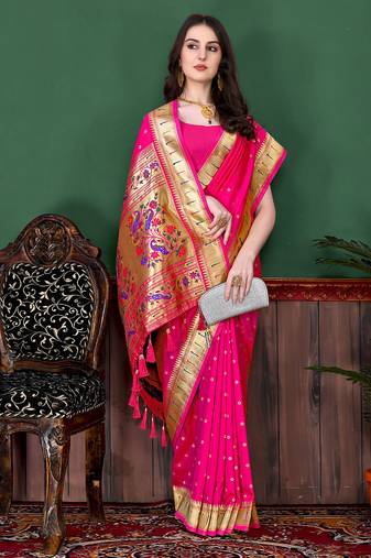 Pink zari weaving paithani silk blend festival saree with blouse