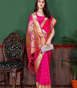 Pink zari weaving paithani silk blend festival saree with blouse