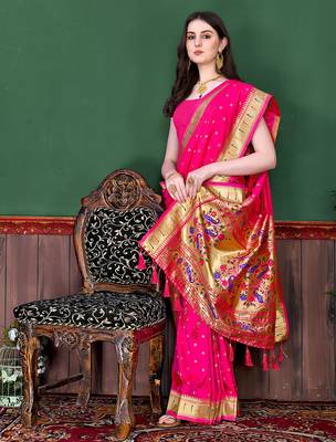 Pink zari weaving paithani silk blend festival saree with blouse 2