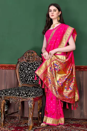 Pink zari weaving paithani silk blend festival saree with blouse