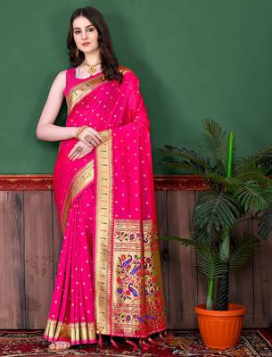 Pink zari weaving paithani silk blend festival saree with blouse 3