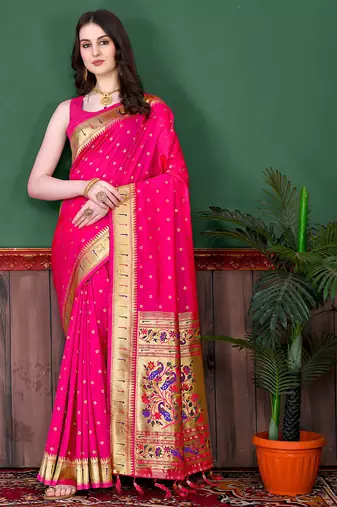 Pink zari weaving paithani silk blend festival saree with blouse