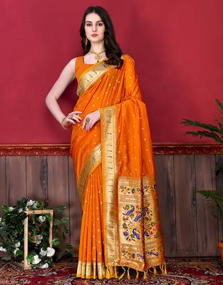 Orange zari weaving paithani silk blend festival saree with blouse 1