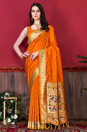 Orange zari weaving paithani silk blend festival saree with blouse