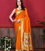 Orange zari weaving paithani silk blend festival saree with blouse