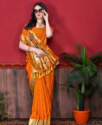 Orange zari weaving paithani silk blend festival saree with blouse 2