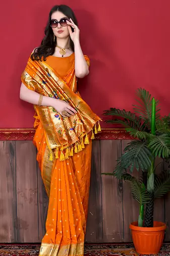 Orange zari weaving paithani silk blend festival saree with blouse