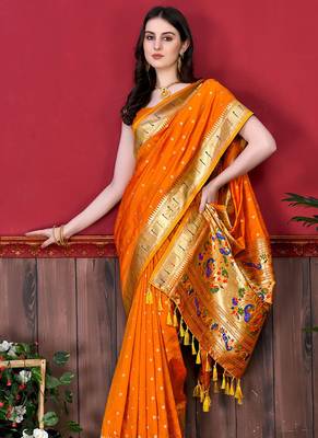 Orange zari weaving paithani silk blend festival saree with blouse 3