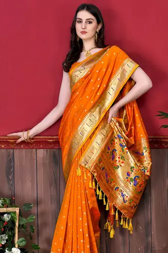 Orange zari weaving paithani silk blend festival saree with blouse
