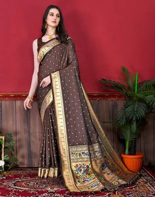 Brown zari weaving paithani silk blend estival saree with blouse 1