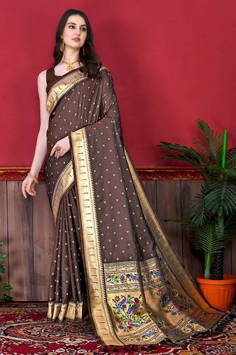 Brown zari weaving paithani silk blend estival saree with blouse