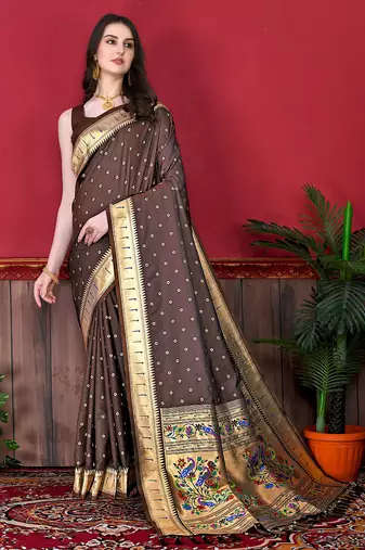 Brown zari weaving paithani silk blend estival saree with blouse