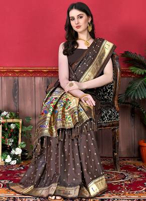 Brown zari weaving paithani silk blend estival saree with blouse 2