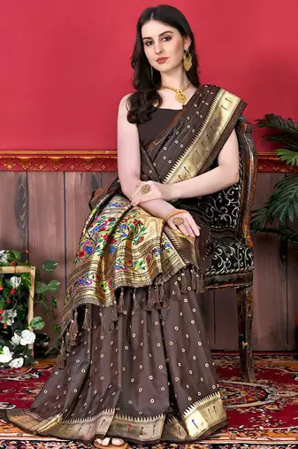 Brown zari weaving paithani silk blend estival saree with blouse