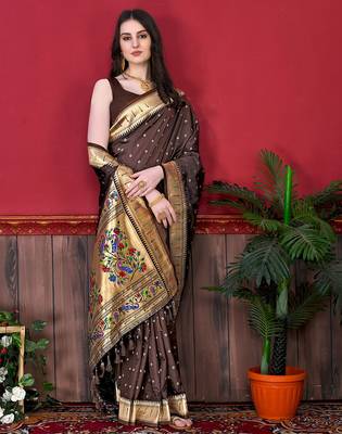 Brown zari weaving paithani silk blend estival saree with blouse 3