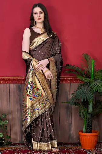Brown zari weaving paithani silk blend estival saree with blouse
