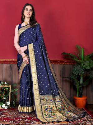 Blue zari weaving paithani silk blend festival saree with blouse 1