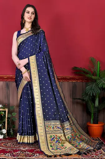 Blue zari weaving paithani silk blend festival saree with blouse