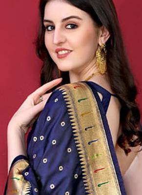 Blue zari weaving paithani silk blend festival saree with blouse 2