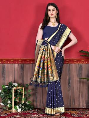 Blue zari weaving paithani silk blend festival saree with blouse 3