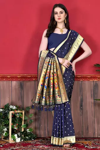 Blue zari weaving paithani silk blend festival saree with blouse