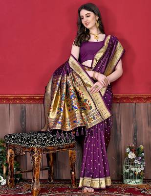 Wine zari weaving paithani silk blend festival saree with blouse 2