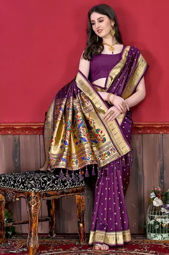Wine zari weaving paithani silk blend festival saree with blouse