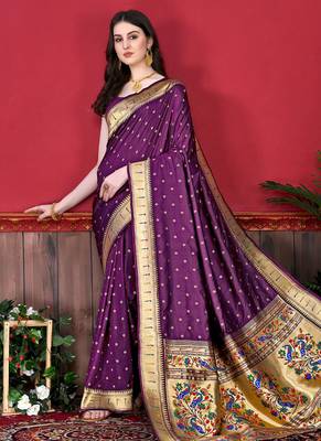 Wine zari weaving paithani silk blend festival saree with blouse 3