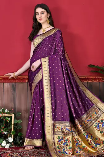 Wine zari weaving paithani silk blend festival saree with blouse