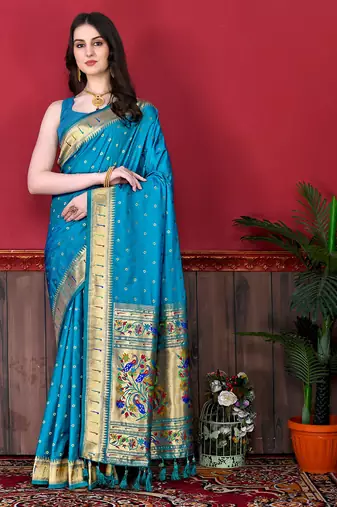 Sky blue zari weaving paithani silk blend festival saree with blouse