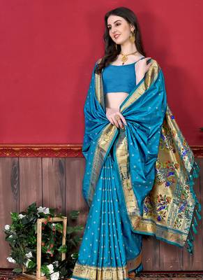 Sky blue zari weaving paithani silk blend festival saree with blouse 2
