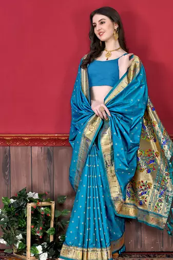 Sky blue zari weaving paithani silk blend festival saree with blouse